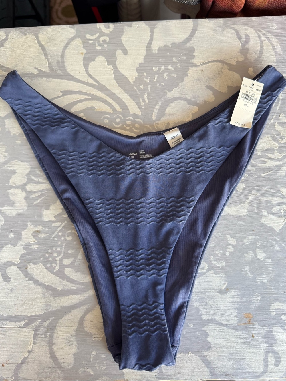 aerie Navy Textured High-Cut Bikini Bottom